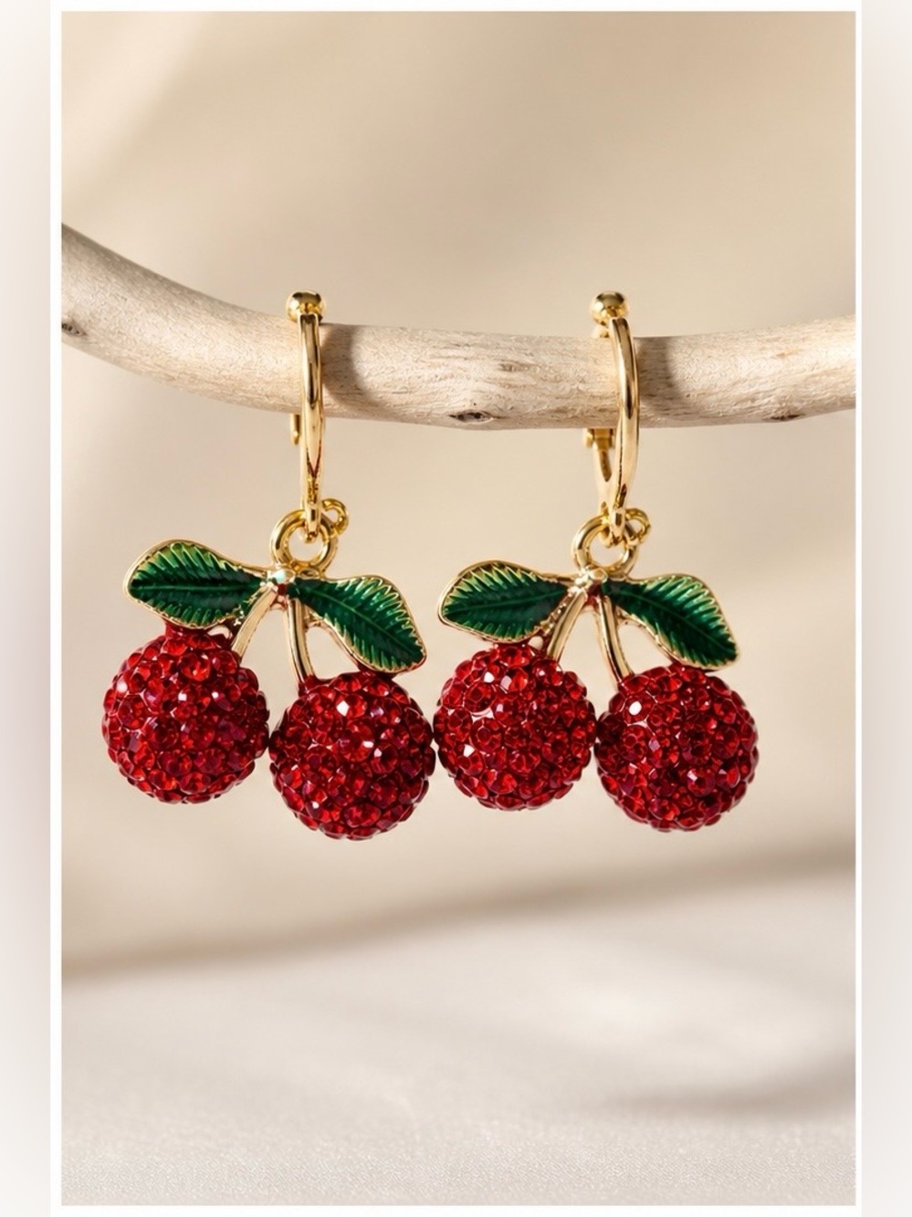 Gold Cherry Drop Earrings with Red Crystal Berries
